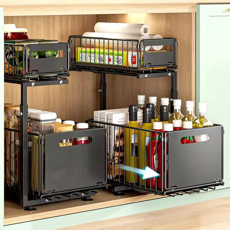 2-stufiger ausziehbarer Schrank-Organizer, verstellbares Küchen-Aufbewahrungsregal unter der Spüle, Organizer, Gewürzglas-Aufbewahrungsregal, ausziehbare Schublade Image