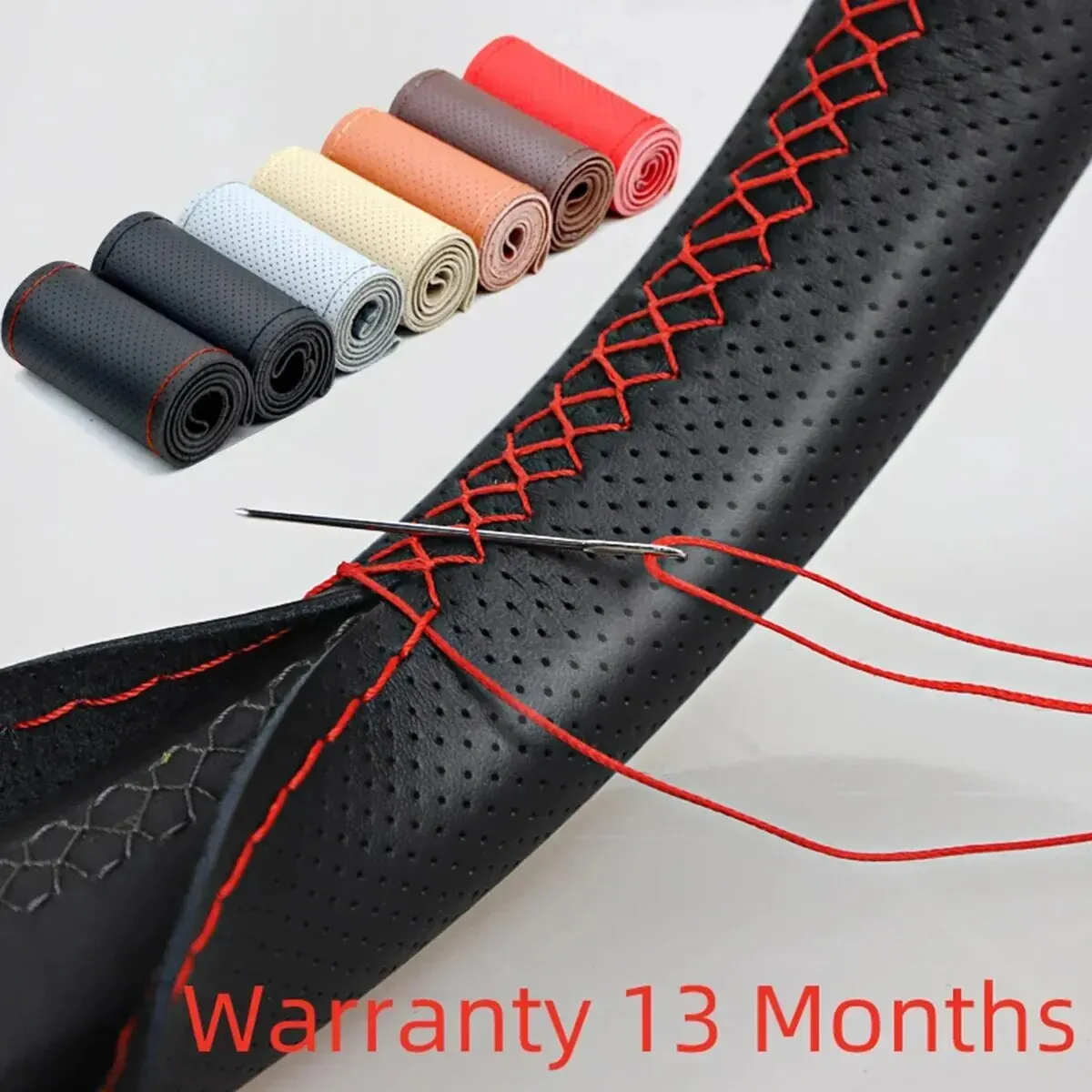 Universeller Leder-Auto-Lenkrad-Stich-On-Wrap-Cover, passend für 38 cm 14 Zoll DIY Nähen, atmungsaktiv und rutschfest, Schwarz, Grau, Beige