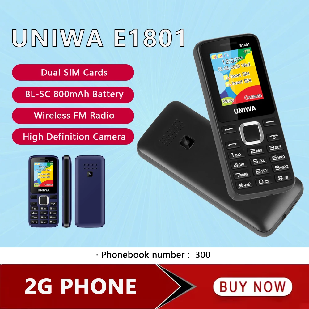 UNIWA E1801 Funktionstelefon mit 1,77-Zoll-Display, 800-mAh-Akku, Dual-SIM-FM-Radio, Handy für ältere Menschen, unterstützt TF-Erweiterung Image