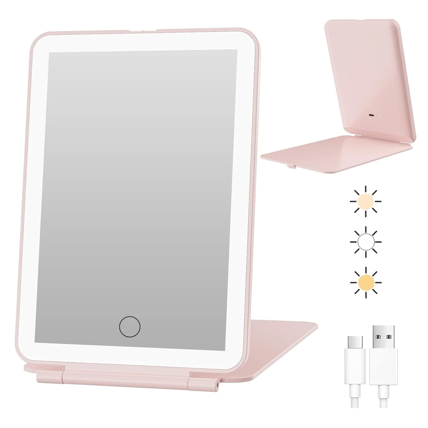 LED faltbarer Reise-Make-up-Spiegel, 3-Farben-Lichtmodi, wiederaufladbarer USB-Touchscreen, tragbarer Tisch-Kosmetikspiegel, Handheld
