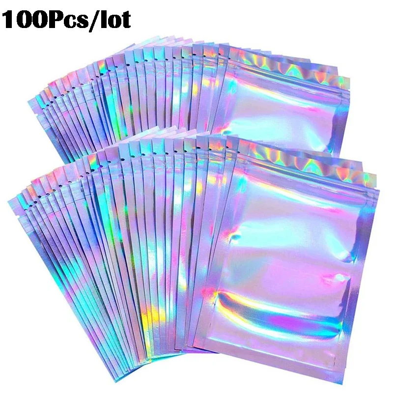 100PCS schillernde Zip-Lock-Beutel Beutel kosmetische Kunststoff Laser schillernde Beutel holographische Make-up-Taschen Hologramm-Reißverschlusstasche Image
