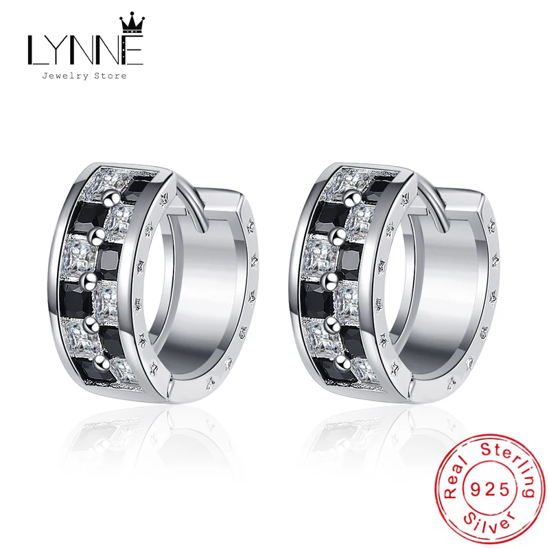 Neue Punk Rock Mädchen & Männer Schwarz Kristall Strass Gitter Design Erweitern Creolen Frauen Schmuck 925 Sterling Silber Ohr Kreis