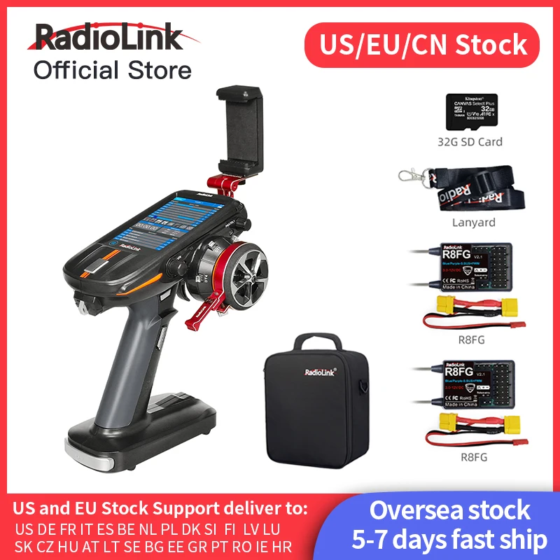 Radiolink RC8X 8-Kanal 2,4G RC-Sender mit R8FG V2.1 Gyro-Empfänger, Einhand-Steuerungszubehör und Telefonhalterung für FPV-Bildschirm Image
