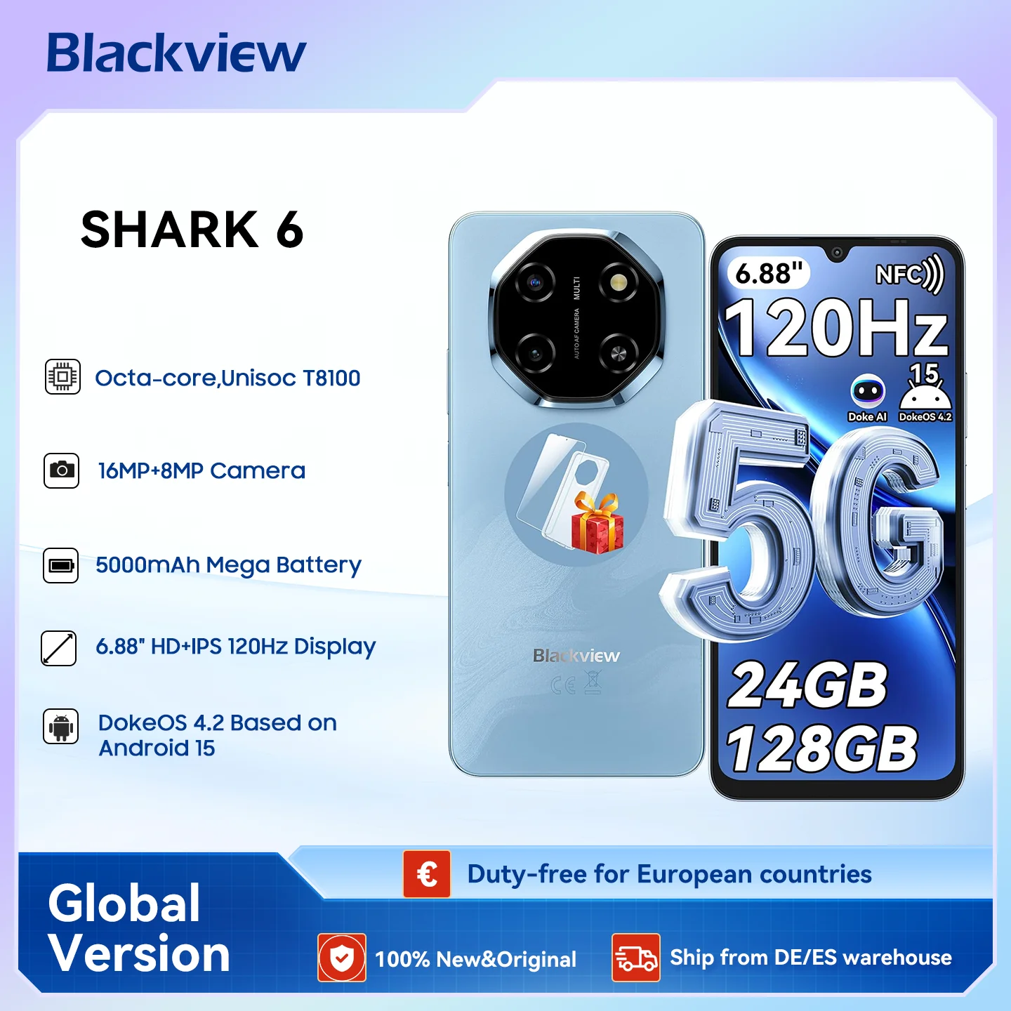 Blackview SHARK 6 AI Smartphone Android 15 Unisoc T8100 5G Mobiltelefon 6,88'' Display 120 Hz, 8+16 GB RAM, 128 GB + 2 TB ROM, 5000 mAh Image