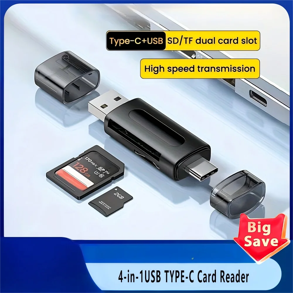Mini USB 2.0 SD TF-Karte 4-in-1 multifunktionaler USB-Typ-C-Kartenleser, externer Speicher, schwarz, erweiterbar Image
