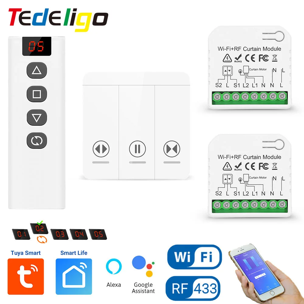 Tedeligo Tuya WiFi RF Smart Vorhangschalter, 110V 220V Rolladen-Steuermodul mit Funkfernbedienung, kompatibel mit Alexa Image