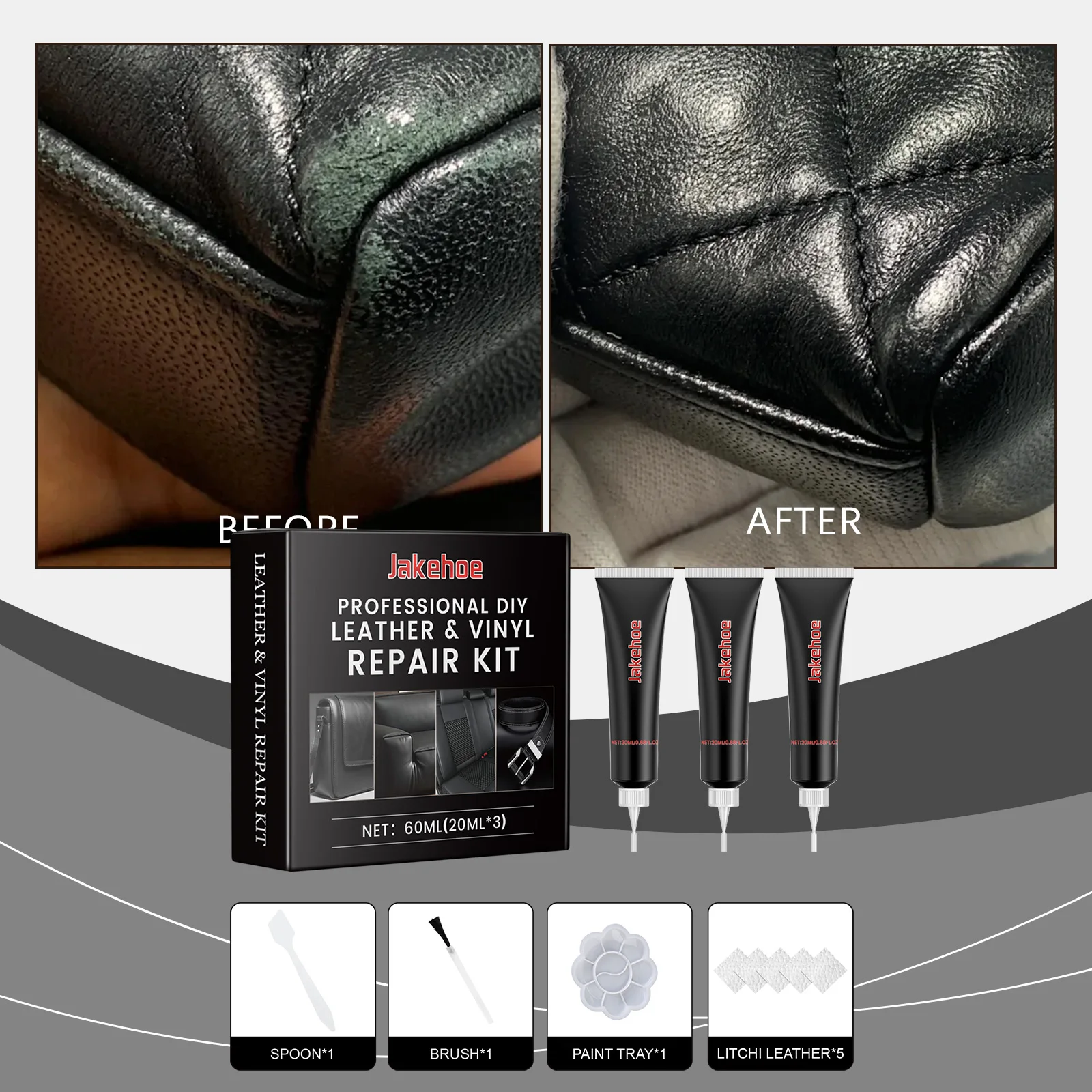 60 ml Auto-Pflegeset, flüssiges Leder, Hautrenovierung, Reparaturwerkzeug, Autositz, Sofa, Mäntel, Löcher, Kratzer, Risse, Restaurierung, Schwarz Image