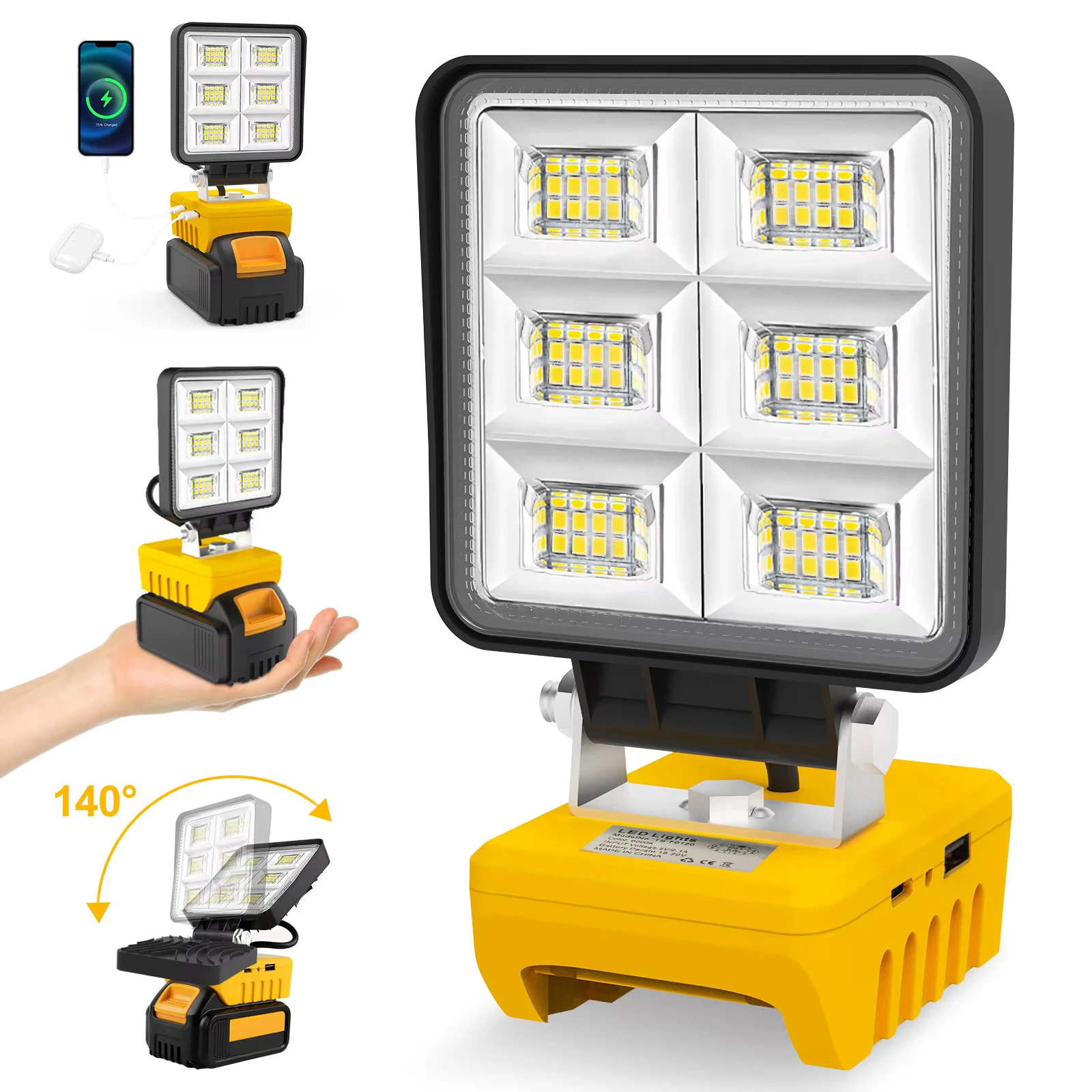 5200LM Tragbare 48W LED-Arbeitsleuchte Kabellose Arbeitsleuchte mit Verstellbarem Sockel Wiederaufladbare LED-Flutlichtlampe Kompatibel mit DeWalt