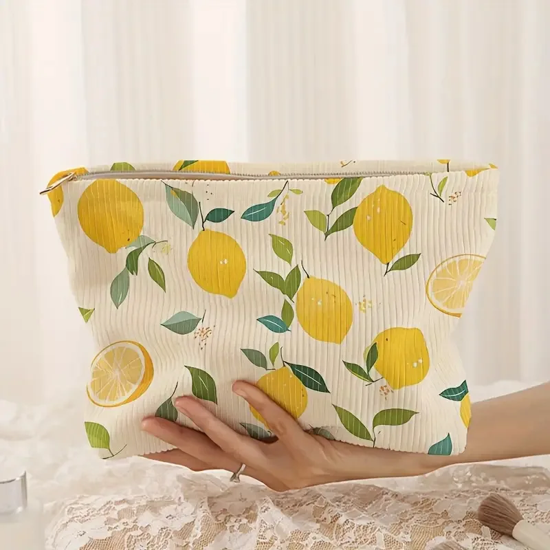 Minimal gestaltete Make-up-Tasche aus Cord mit Blumenmuster und Reißverschluss, leichte und multifunktionale Kosmetik-Aufbewahrungstasche Image