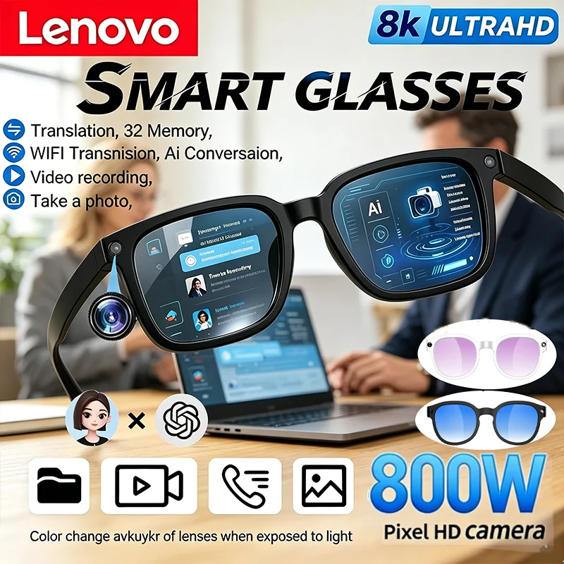 Lenovo KI-Smart-Brille mit 8MP HD-Kamera, 8K-Aufnahme, KI-Übersetzung, Bluetooth-Anruffunktion, Aufnahme, Musik und Smart-Sonnenbrille – Geschenke 2026 Image