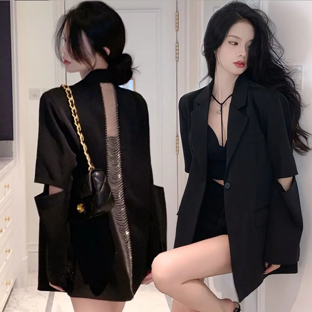 Herbst Mode Damen Blazer neue Rücken aushöhlen Kette ein Knopf schwarz Langarm Anzug Jacken weibliche lässige Blazer Image