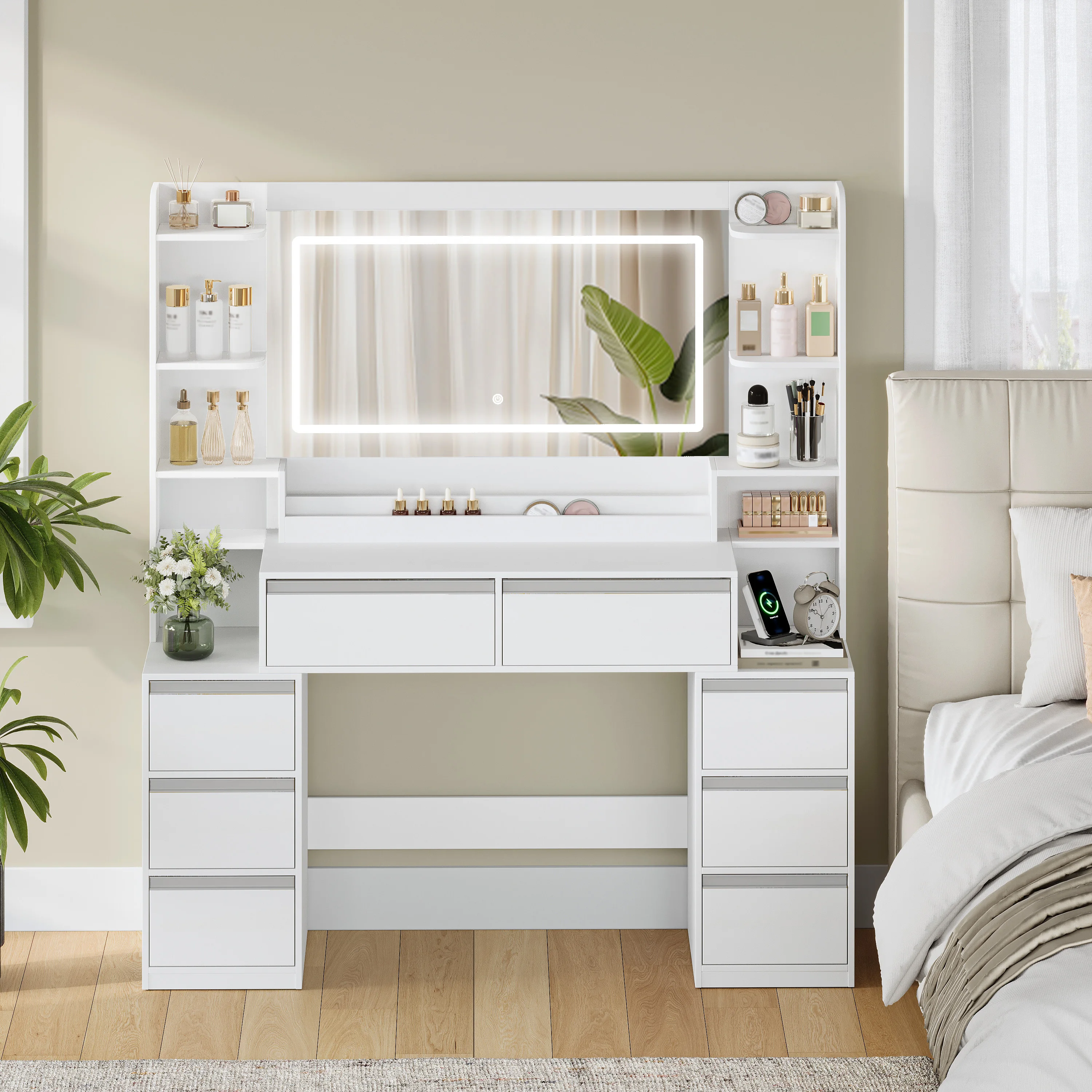 Schminktisch mit großem Spiegel, Schminktisch und Haartrocknerhalter, 8 Schubladen, offenen Fächern, modernes Weiß und Silber