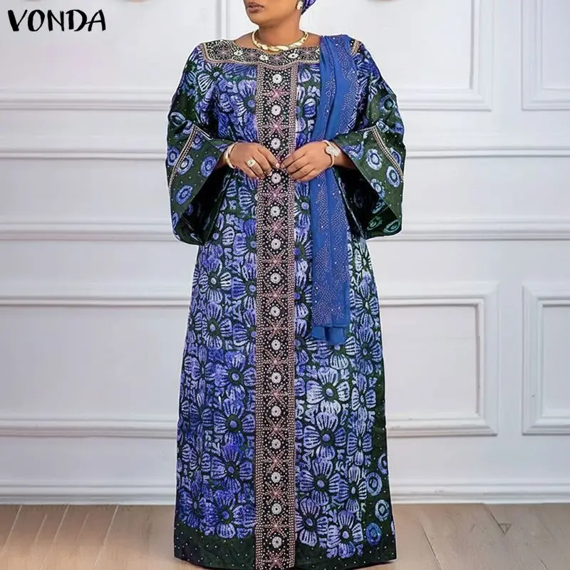 VONDA Übergröße Damen Bohemian Maxikleid Herbst Langarm Quadratischer Ausschnitt Vintage-Print Langes Sommerkleid 2026 Mode Robe 5XL Image