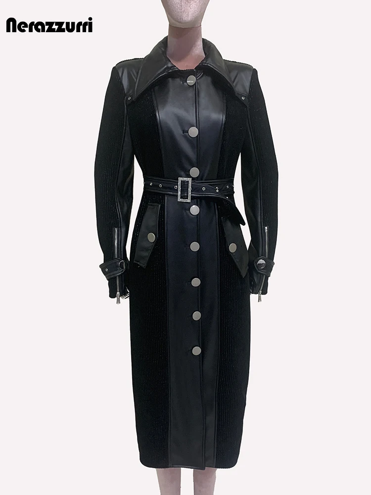 Nerazzurri Herbst Lange Ausgestattet Schwarz Cord Patchwork Pu Leder Mantel für Frauen Gürtel Elegante Chic Luxus Designer Kleidung 2024