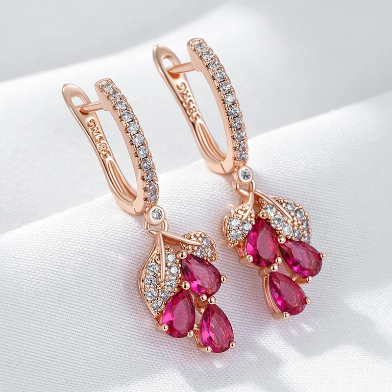 Wbmqda Rote Granatapfel Blume Lange Tropfen Ohrringe Für Frauen 585 Rose Gold Farbe Luxus Elegante Zirkon Schmuck Zubehör Image