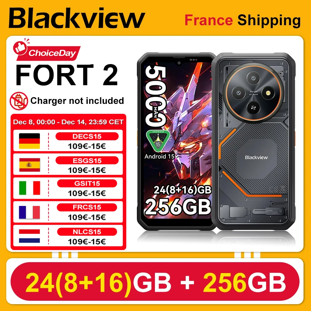 Blackview FORT 2 [Kein EU-Ladegerät] Robustes Smartphone 24(8+16)GB+256GB 5000mAh 18W Android 15 6,56'' HD+ IPS NFC/GPS Dual SIM