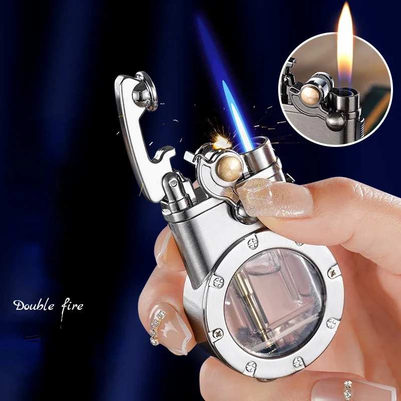 Metall Dual Fire Rocker Arm Feuerzeug Winddicht Transparent Air Fenster Butan Aufblasbare Dual Fire Umwandlung Feuerzeug Männer Geschenk Image