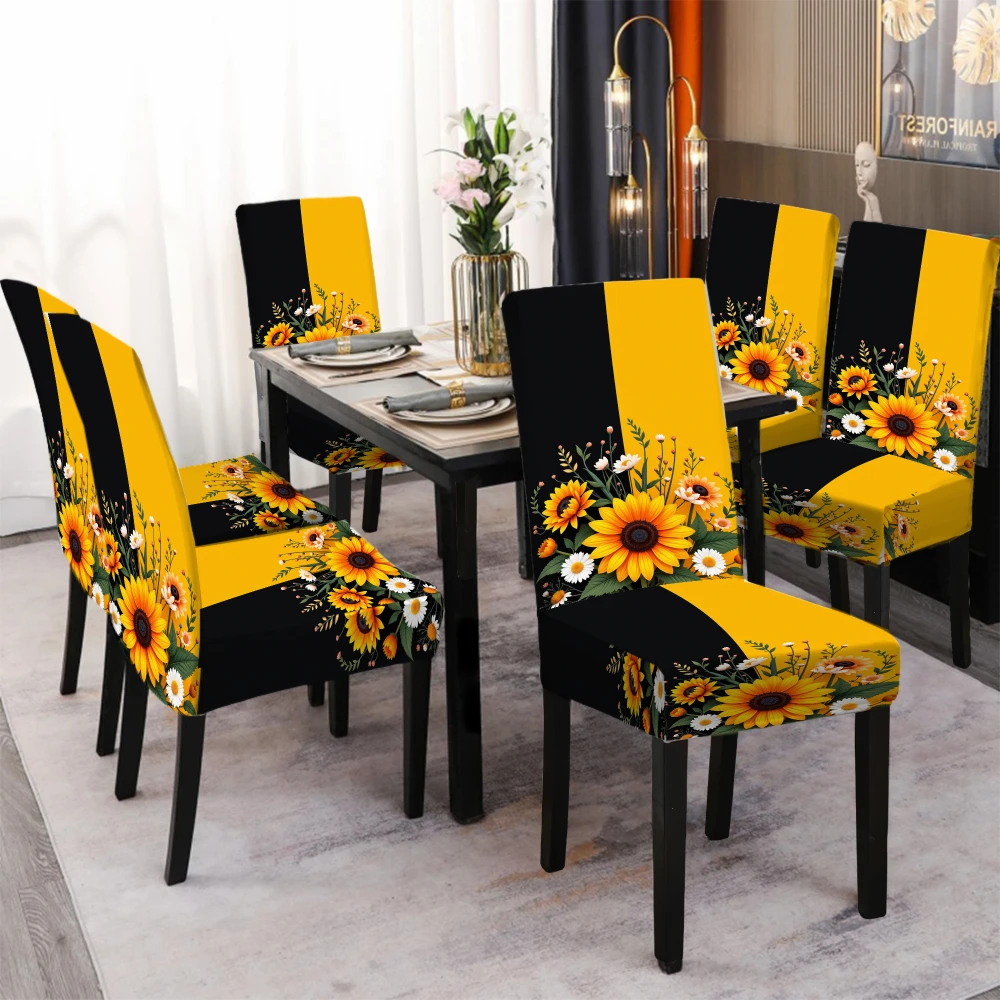 4/6 Stück elastische Stuhlbezug Sonnenblumenmuster Stretch Esszimmer Sitzschutz Gelb Schwarz Blumen Möbelbezüge Set Image
