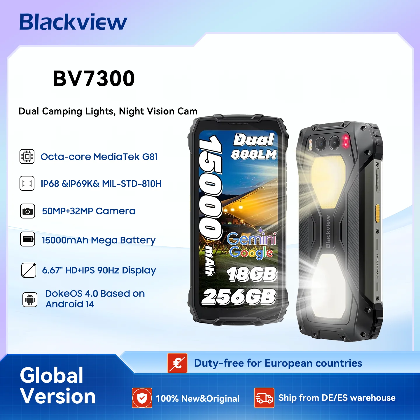 Blackview BV7300 Outdoor-Handy, bis zu 18 GB + 256 GB (2 TB), 6,67 Zoll 90 Hz Display, 50 MP + 32 MP robustes Smartphone, 15000 mAh/45 W Image