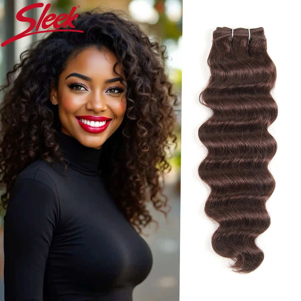 Schlank 2 # Braun gefärbte Echthaar-Bündel für Frauen, tiefe Wellen, Echthaarverlängerungen, 45,7 cm, 4 # Braun gefärbte Echthaarbündel Image