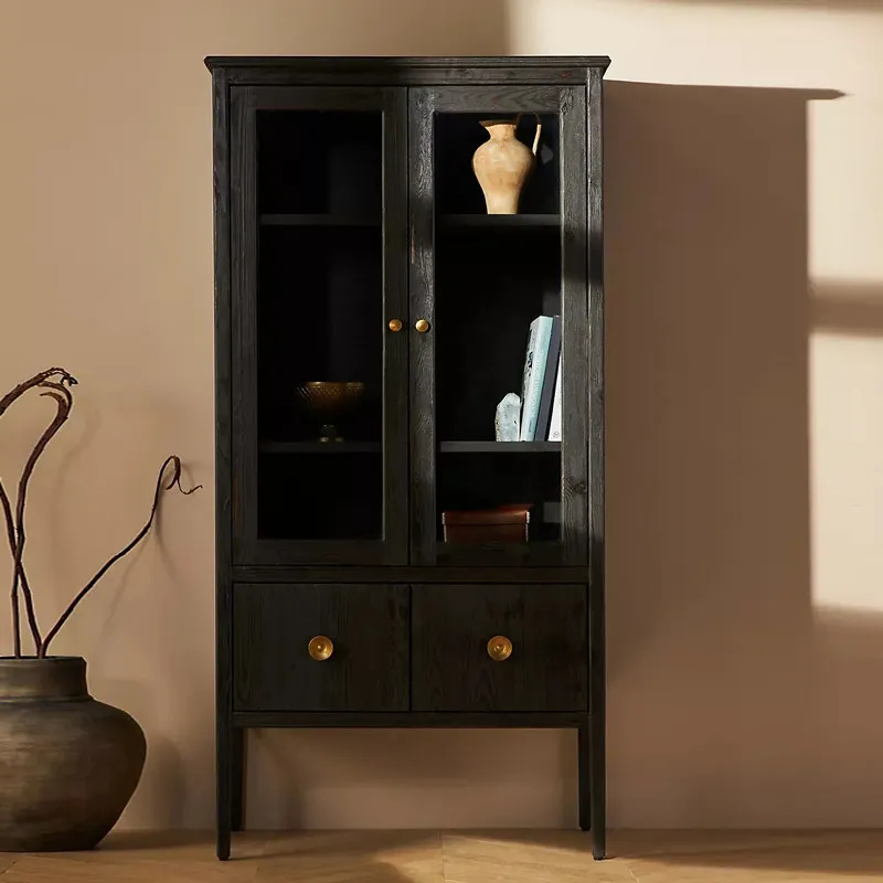 Französischer Retro-Weinschrank aus Massivholz, amerikanischer Landhausstil, Wohnzimmer-Vitrine, integrierter Aufbewahrungsschrank, individuell anpassbar.