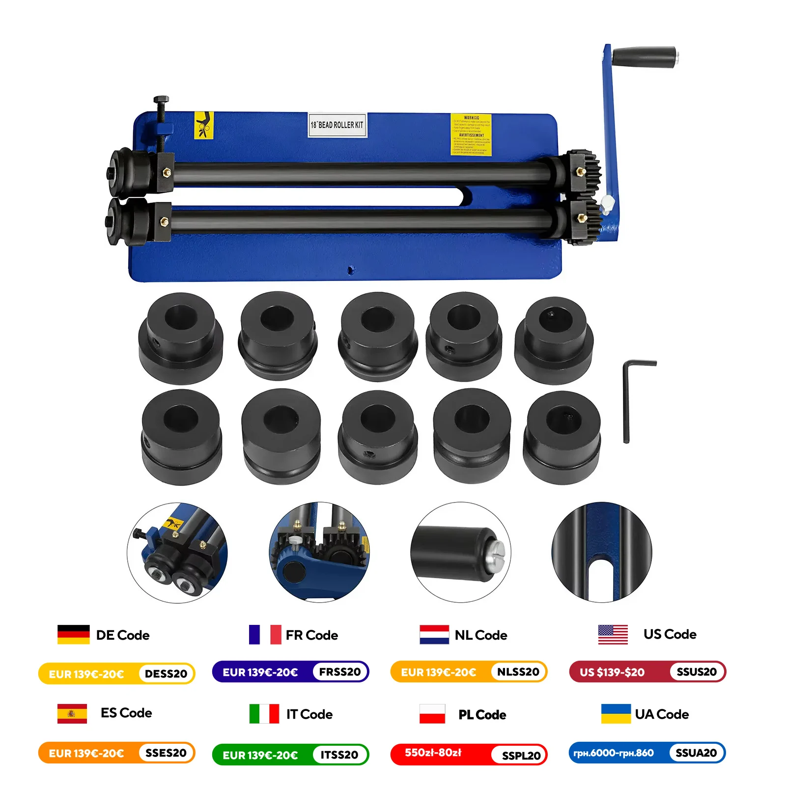 VEVOR 18-Zoll-Perlenroller aus Blech, robuster Perlenroller aus weichem Stahl mit 6 Matrizensätzen, flexibler und bequemer Griff Image