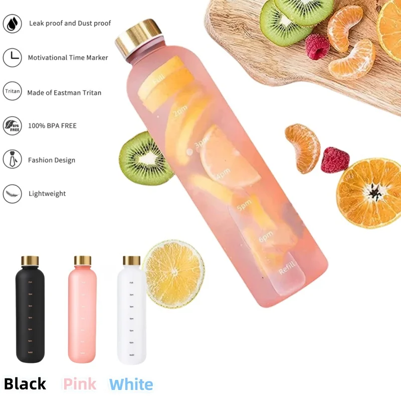 1000-ml-Flasche mit Zeitmarkierung, motivierend, wiederverwendbar, für Fitness, Sport, Outdoor, Reisen, Radfahren, auslaufsicher, BPA-frei, mattierte Flasche Image