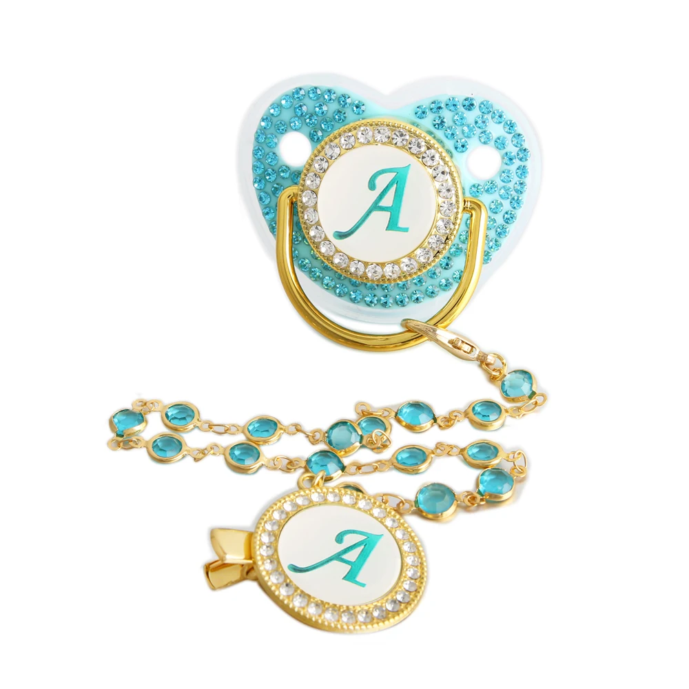 Bling Baby-Schnuller mit Anfangsbuchstaben und grünem Gold-Edelstein-Diamant-Kettenclip Image