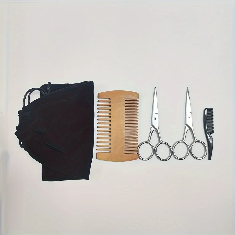 4-teiliges Bartschneider-Set mit Aufbewahrungstasche, Edelstahl-Bartschere + doppelseitiger Holzbart-Schnurrbartkamm + Minikamm für Männer Image