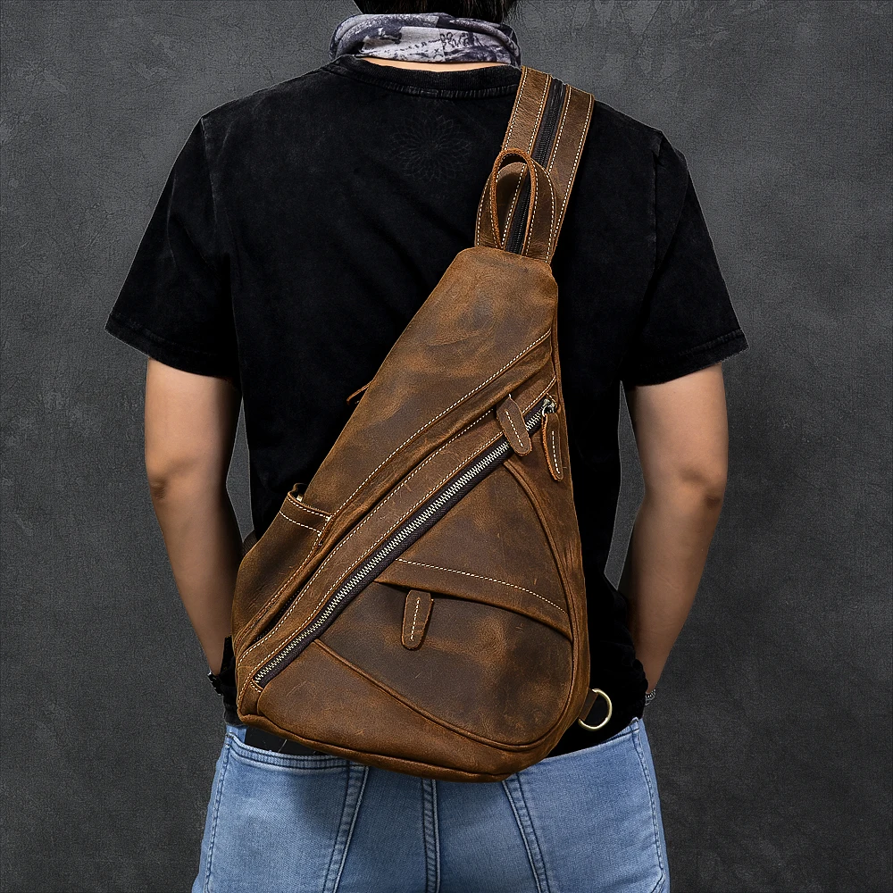 Einzelnen Schulter Bagpack Echtem Leder Brust Tasche Outdoor Reiten Tasche Brust Packs Für Biker Männer Männlichen Sling Taschen Kuh Leder Image