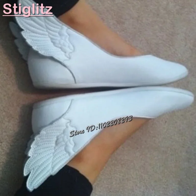 Retro-Ballerinas mit weißen Flügeln, solide runde Zehen, Nähen, flacher niedriger Absatz, lässige römische Schuhe, 2025, Sommer, neue Mode-Damenschuhe