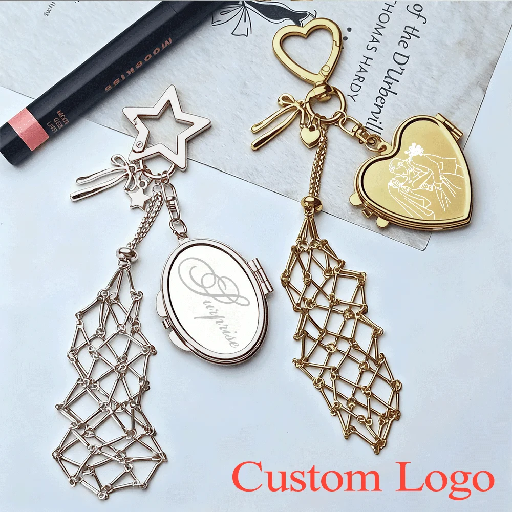 Individuelles Logo Y2k Beliebtes Metall Gold Lippenstift Mesh Beutel Schlüsselanhänger Anhänger Tragbarer Schlüsselanhänger Spiegel Schlüsselanhänger Damenring Image