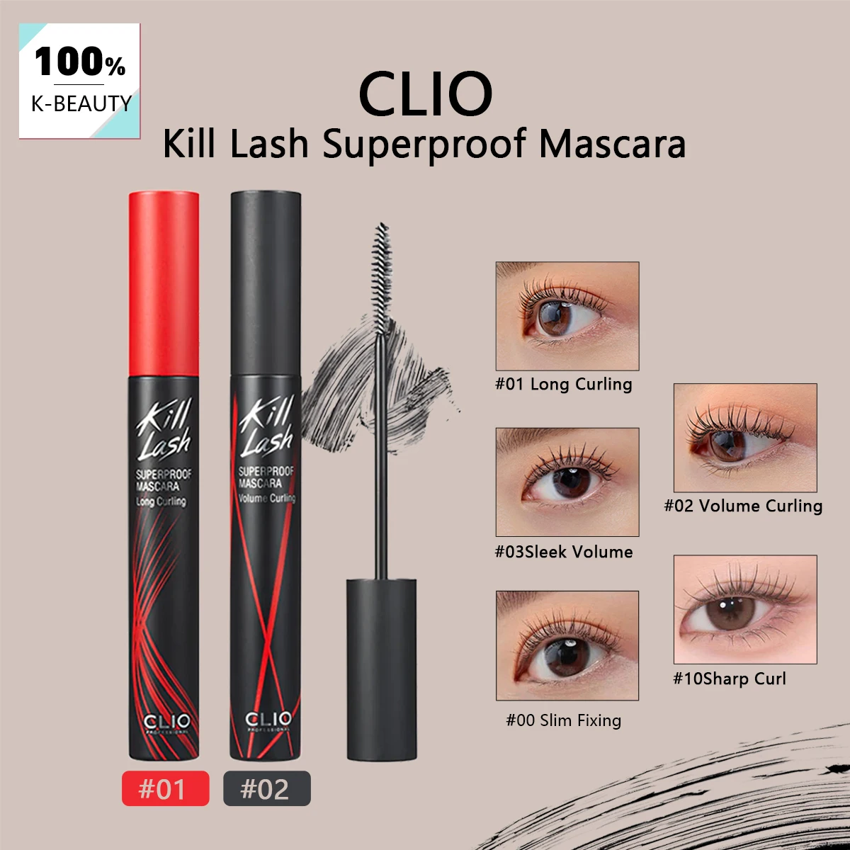 CLIO Kill Lash Superproof Mascara, Volumen-Gebende Formel, Leicht & Nicht Verklumpend, Definiert & Separiert, Koreanische Kosmetik, Koreanisches Make-up Image