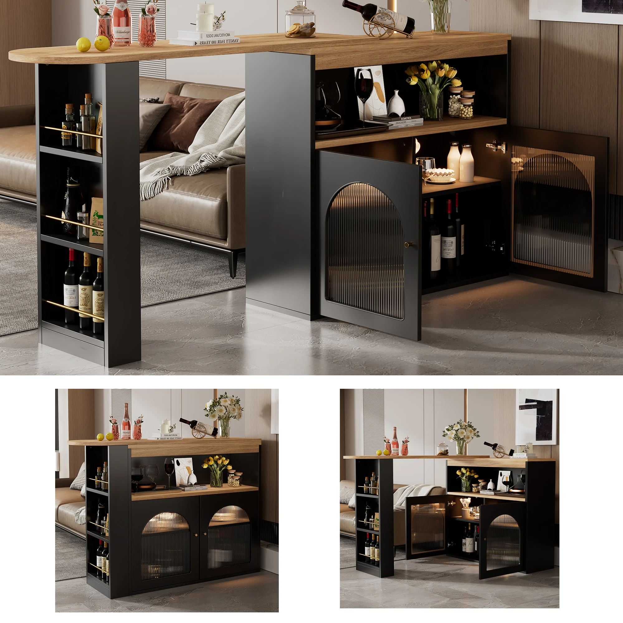 138-193X39X105CM Moderner ausziehbarer Bartisch, ausziehbarer Esstisch mit 1m verstellbarem LED-Lichtstreifen für das Esszimmer