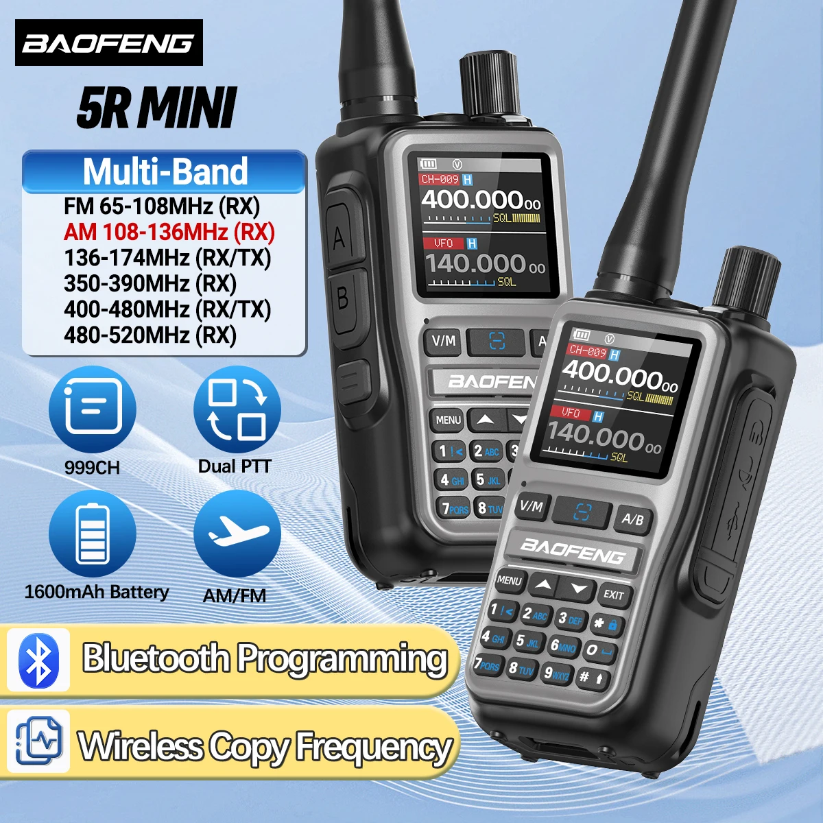 2PCS Baofeng UV-5R Mini Full Band Walkie Talkie Bluetooth Programmierung AM Drahtlose Kopie Frequenz 999CH Typ-C Tragbare ham Radio Image