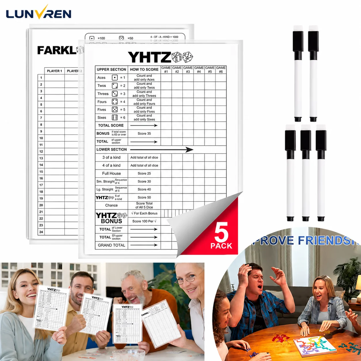 Laminierte Yardzee-Score-Karte mit Regeln, wiederverwendbar, trocken abwischbares Score-Blatt für riesige Würfelspiele im Freien, Jumbo-Score-Blatt für Yahtzee Image
