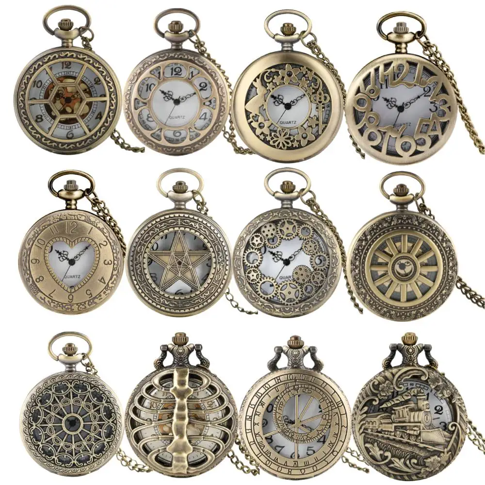 Hohle Bronze Quarz Taschenuhr Halskette Uhr Arabische Ziffern Zifferblatt Klassische Vintage Anhänger Zeitmesser Geschenk für Männer Frauen Image