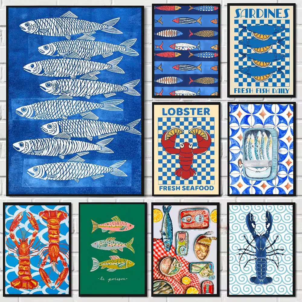 Bunte Sardinen und Hummer Leinwanddruck Niedlicher Fisch Ozean Wandkunst Poster Modernes Wohnzimmer Schlafzimmer Bar Zuhause Ästhetisches Dekor