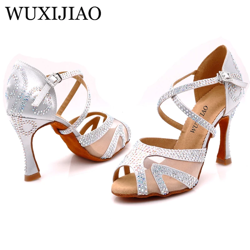 WUXIJIAO Diamant Silber Satin Latin Dance Schuhe Damen Salsa Party Strass Gesellschaftstanz Schuhe Damen Schuhe 9cm
