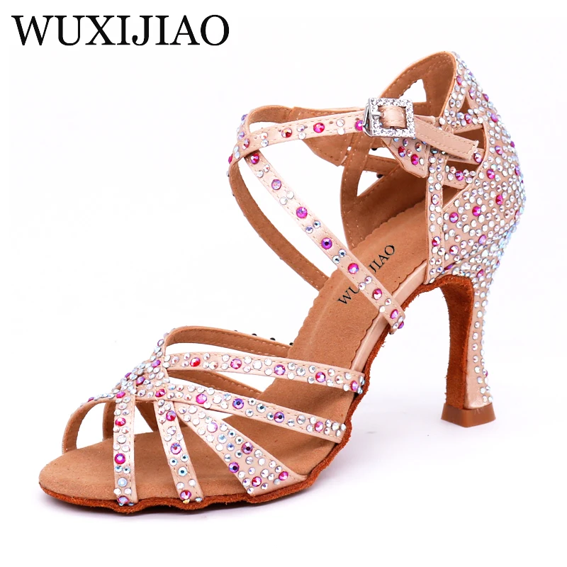 WUXIJIAO Damen Salsa Party Ballsaal Schuhe Latein Tanzschuhe große kleine Strass glänzende Bronze Haut Schwarz Satin Kuba Absatz 9cm