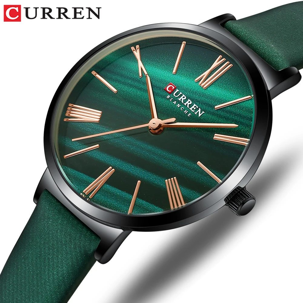 CURREN Kreative Einfachheit Damenuhr Echtes Leder Elegante Damenuhren Damen Business Armbanduhr Grün
