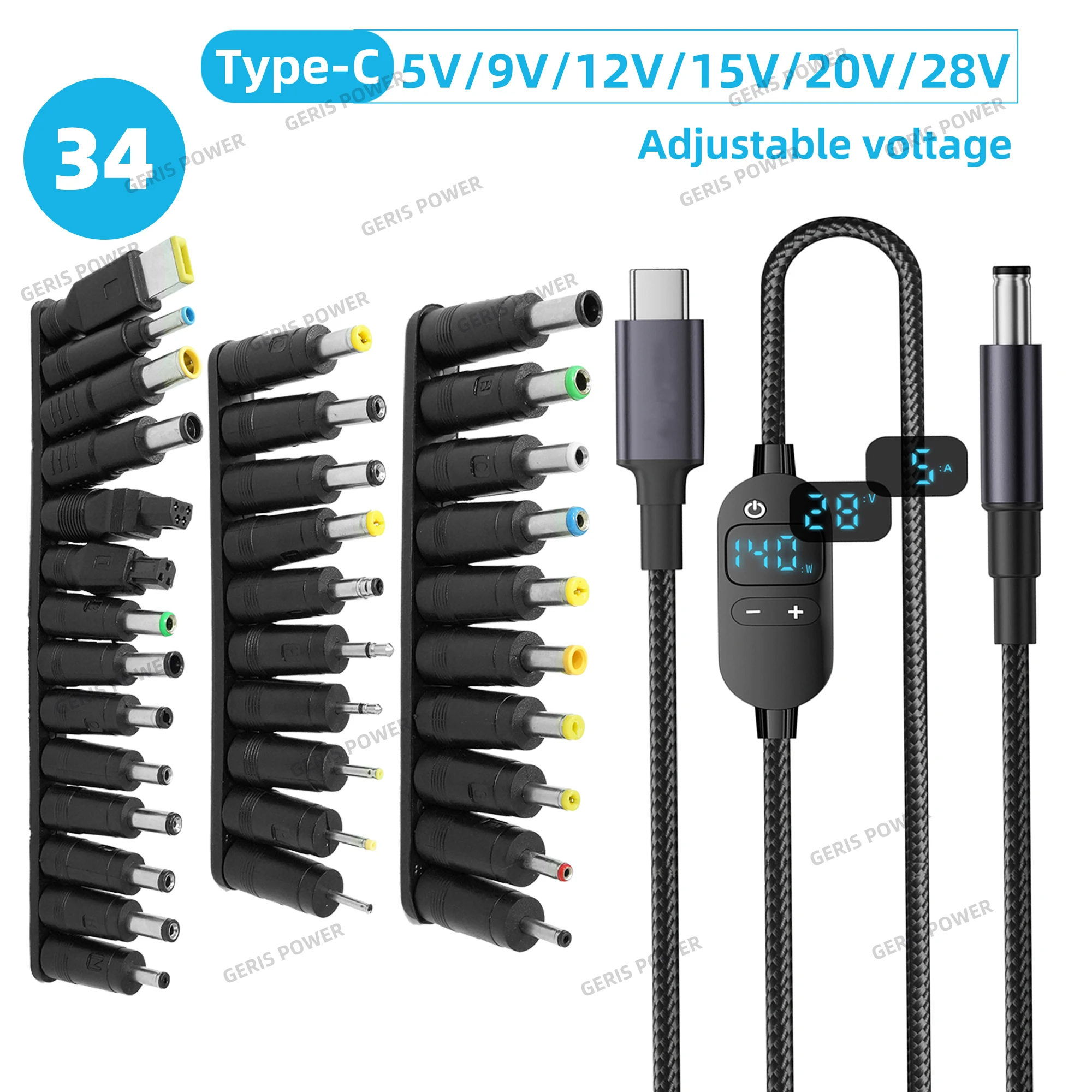 Typ C auf DC Power Boost Kabel USB-C auf 5V 9V 12V 15V 20V Einstellbare Spannung Ladekabel 34pcs DC Stecker Jack Laptop Anschlüsse Image