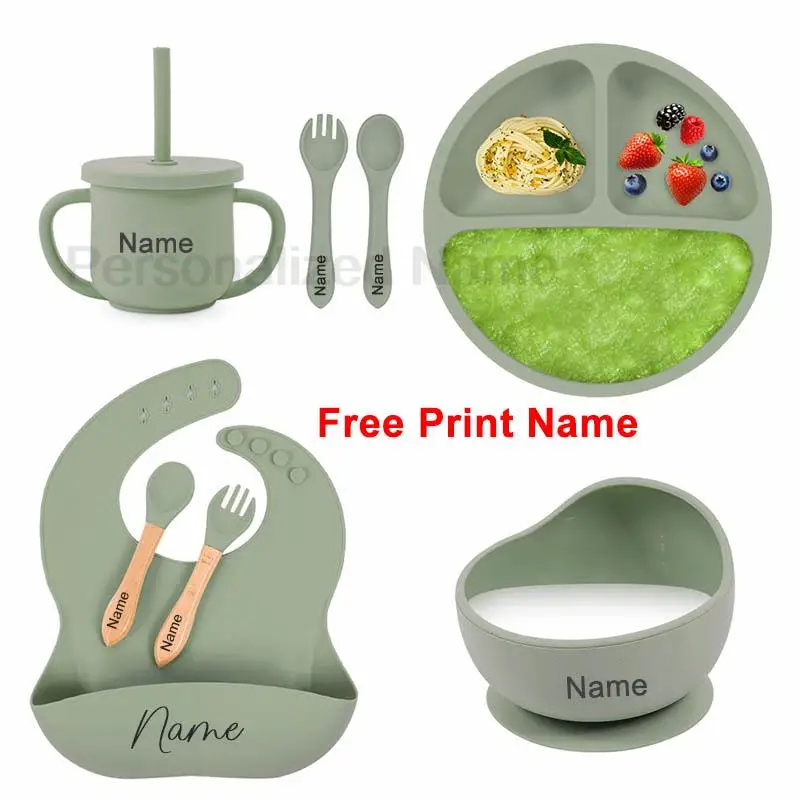 8Pcs Baby Silikon Fütterung Set Runde Esszimmer Platte Sauger Schüssel Gerichte Für Kinder Personalisierte Name kinder Geschirr Stroh tasse