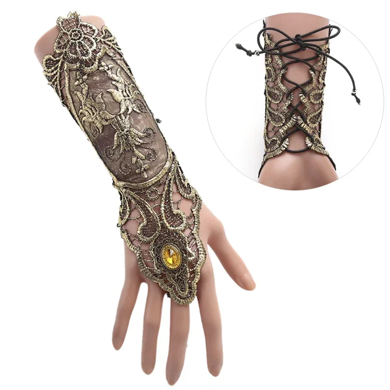 Gothic Steampunk Spitze Manschette Fingerlose Handschuh Armwärmer Armband Schwarz Gold Handschuhe