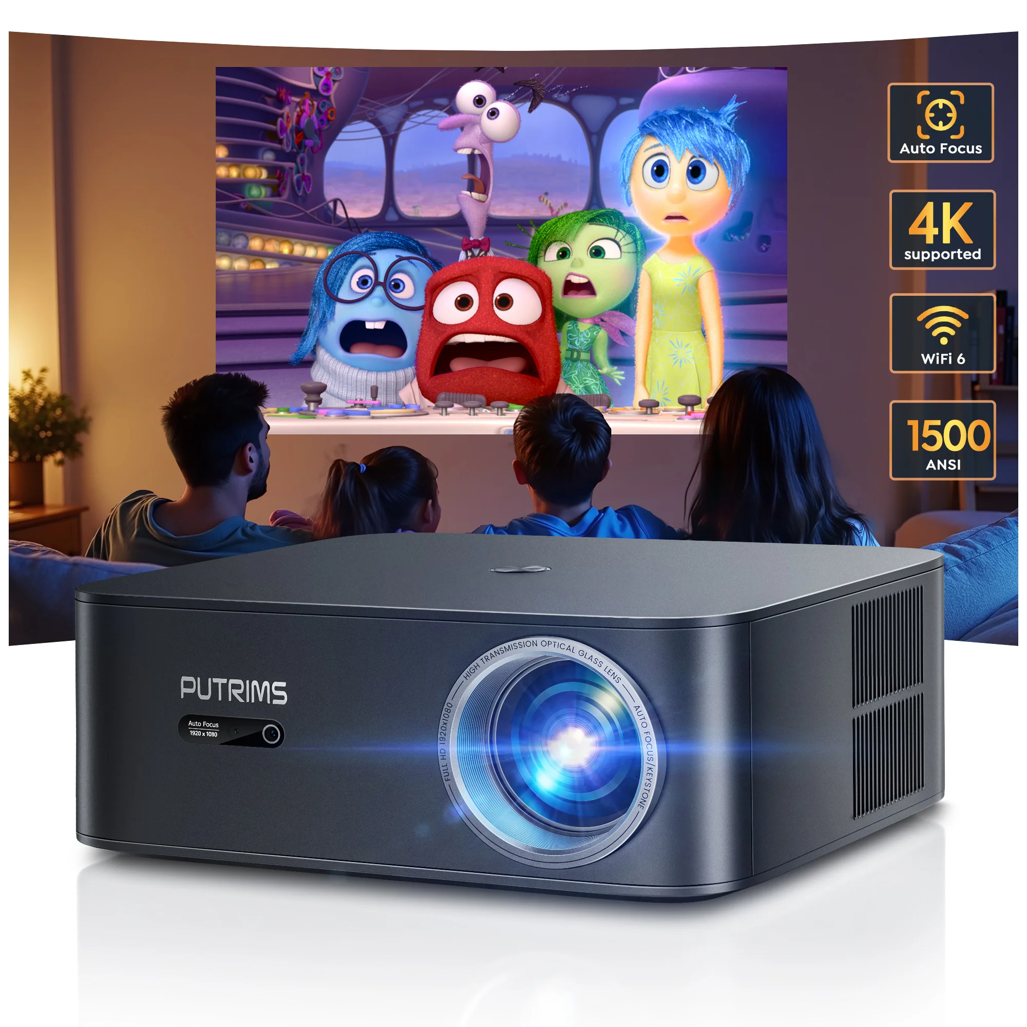 FHD 1080P-Projektor, Bluetooth-WLAN-Projektor, Netflix, offiziell und KI, Autofokus, 1500 ANSI, 30.000 Lumen, Autofokus, 4K-Unterstützung Image