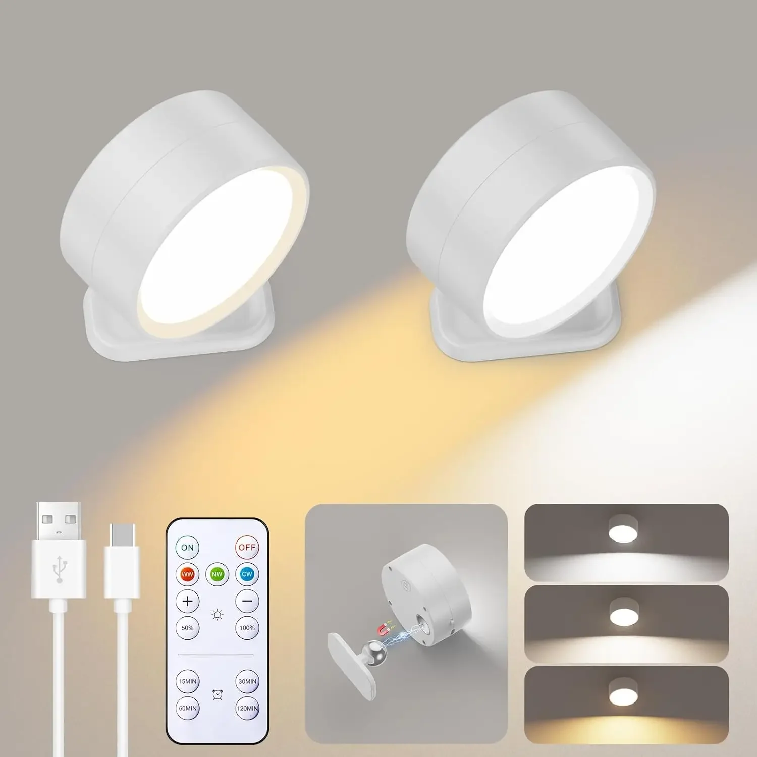 Magnetische LED-Wandleuchten, wiederaufladbare dimmbare Wandleuchten mit Fernbedienung, 360° ° Drehbare Wandleuchte für Schlafzimmer Image