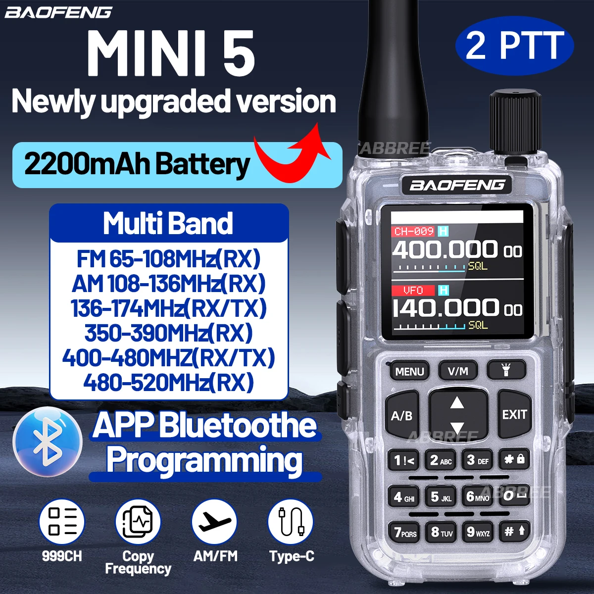 BAOFENG MINI 5 Walkie-Talkie 2200mAh Akku APP Bluetooth-Programmierung Große Reichweite Dual PTT Neu Aufgerüstetes UV-5R MINI Amateurfunkgerät Image