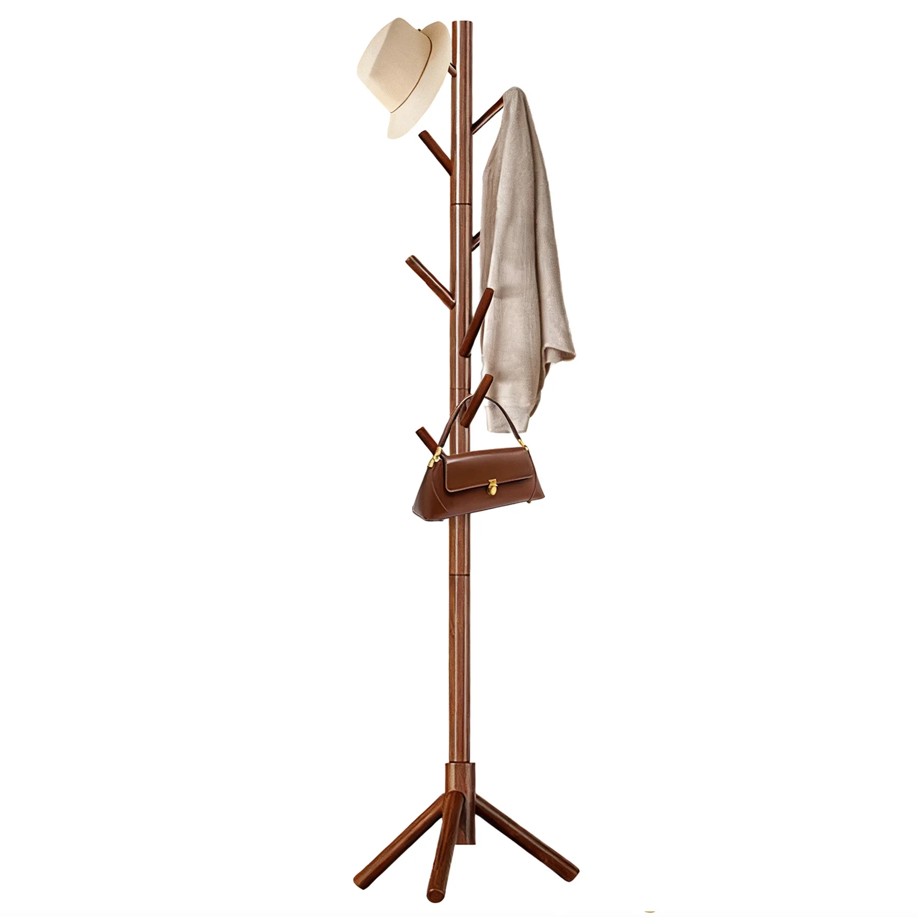 Garderobenständer aus Holz mit 8 Haken, 3 verstellbare Garderobenständer, Baum, einfache Montage für Mäntel, Hüte, Schals, Handtaschen, Schlafzimmer
