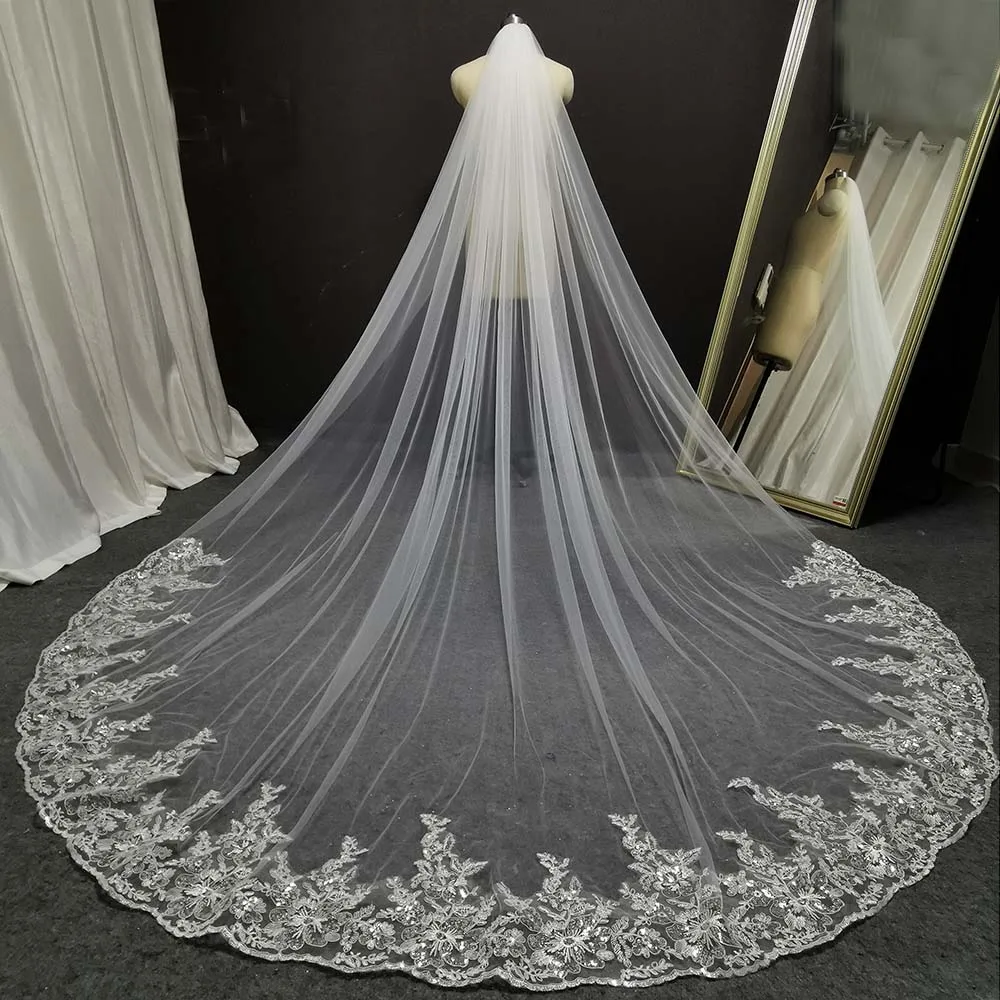 Maßgeschneiderter langer Hochzeitsschleier mit glitzernder Pailletten und Spitze, 3 m/3,5 m/4 m, Weiß/Elfenbein, Brautschleier, Hochzeits-Kopfschmuck, Brautschleier