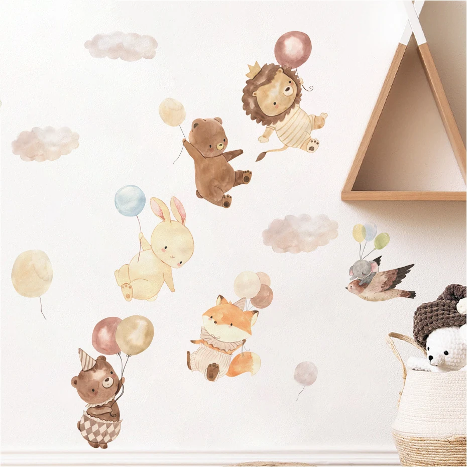 Niedliche Cartoon-Tier-Löwe, Fuchs, Kaninchen, Ballon, Kinderzimmer, Wandaufkleber für Kinderzimmer, Kinder, Babyzimmer, Dekor, Wandaufkleber, Tapete